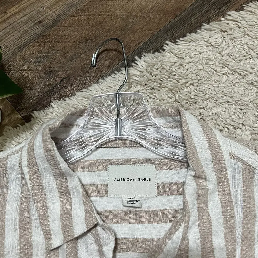 American Eagle Outfitters Beige and White Striped Button-Down Shirt